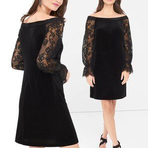 WHBM Rich Black Off Shoulder Lace Velvet Dress Women's Size 4